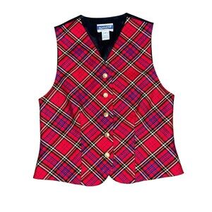 Vtg 100% Wool PENDLETON Tartan Plaid Red Vest w/ Gold Buttons Women’s 6